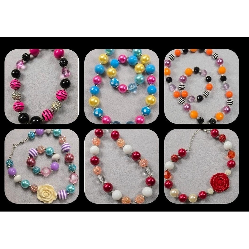 Girls 6 Bubblegum Bead Necklace &  Bracelet Sets Kids Colorful Whimsical Holiday